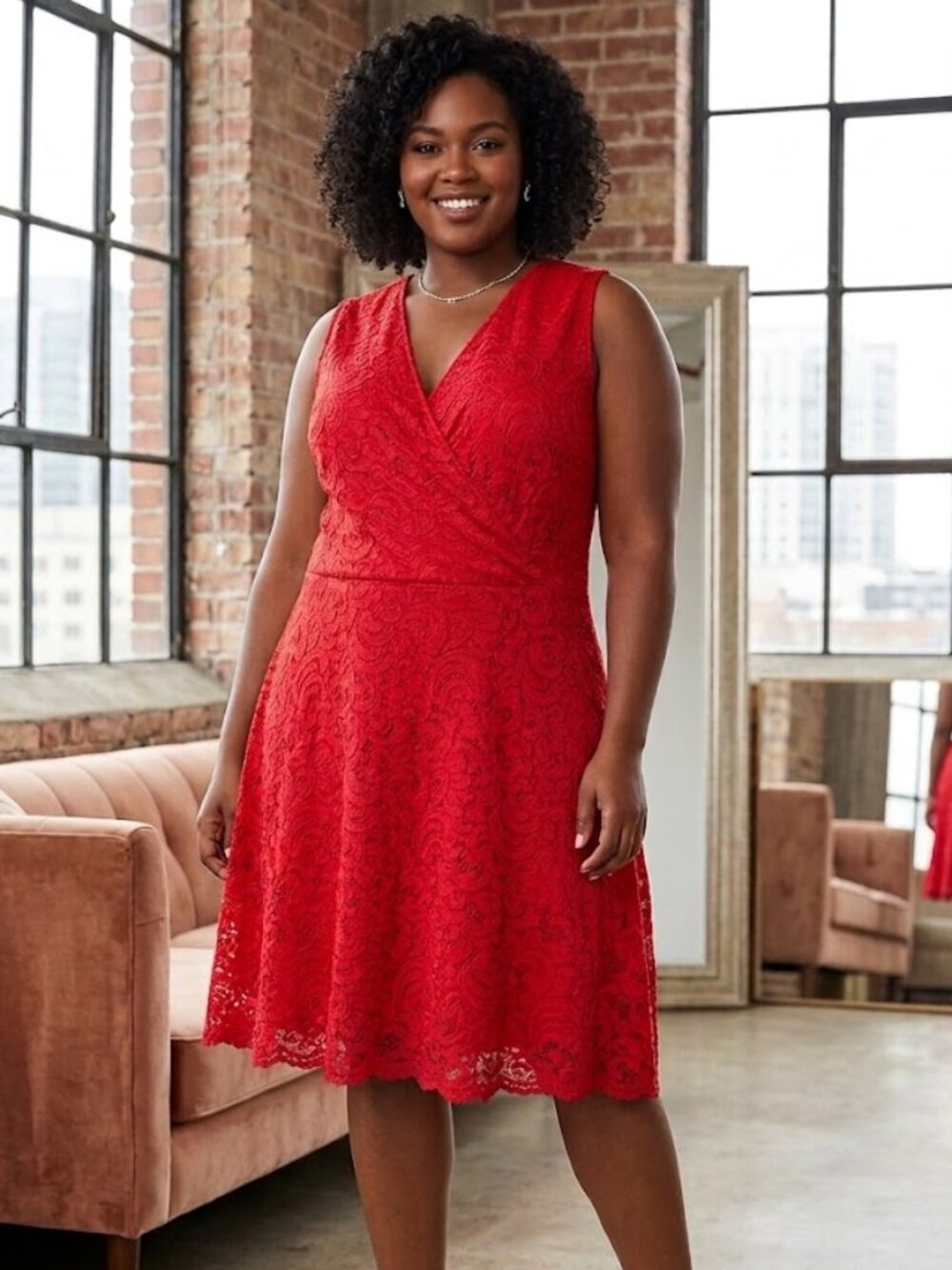 Lane Bryant Lace Overlay All Over Knee Length V-neck Faux Wrap Short Solid Dress